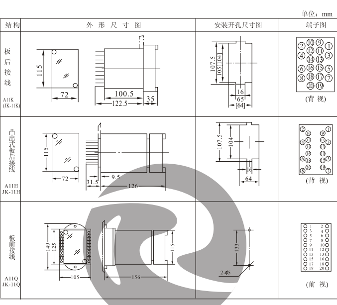 JZY-211中间继电器外形及安装开孔尺寸图